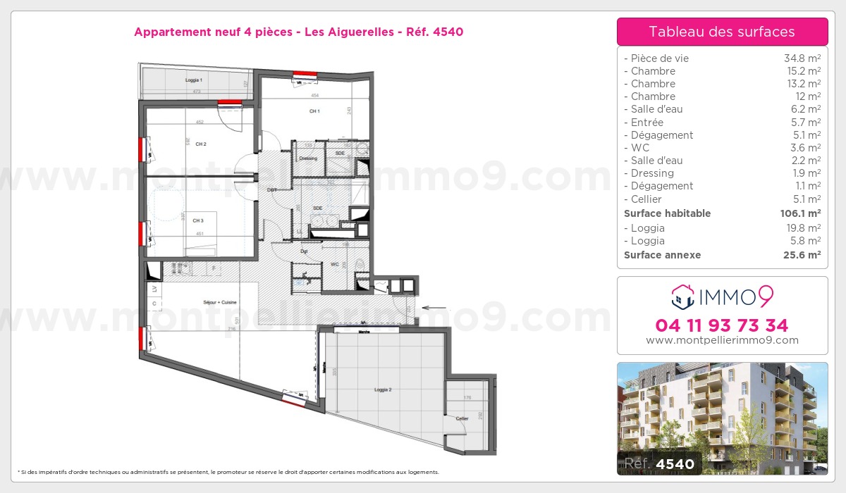 Plan et surfaces, Programme neuf Montpellier : Aiguerelles Référence n° 4540