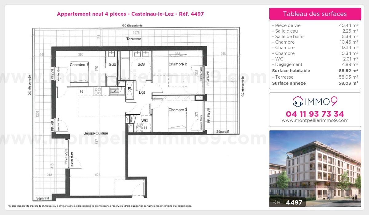 Plan et surfaces, Programme neuf Castelnau-le-Lez Référence n° 4497
