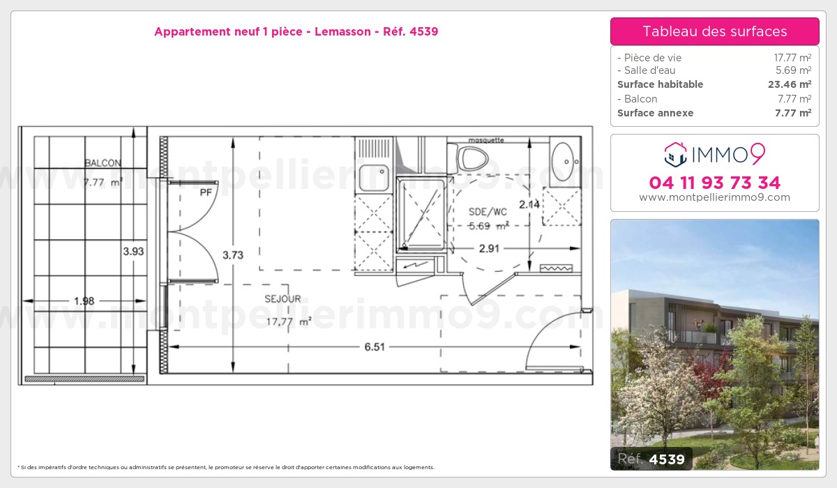 Plan et surfaces, Programme neuf Montpellier : Lemasson Référence n° 4539