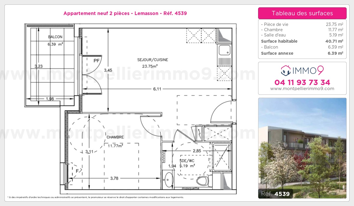 Plan et surfaces, Programme neuf Montpellier : Lemasson Référence n° 4539