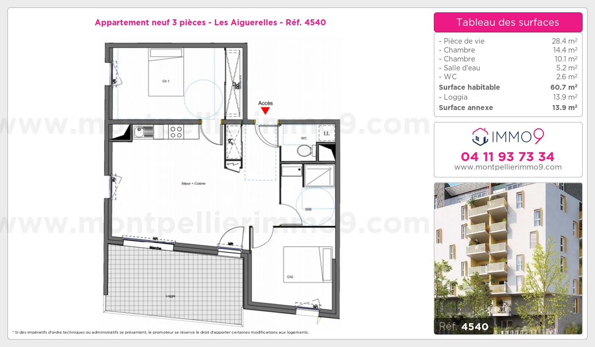 Plan et surfaces, Programme neuf Montpellier : Aiguerelles Référence n° 4540
