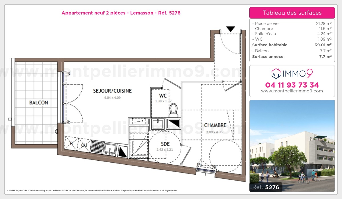 Plan et surfaces, Programme neuf Montpellier : Lemasson Référence n° 5276