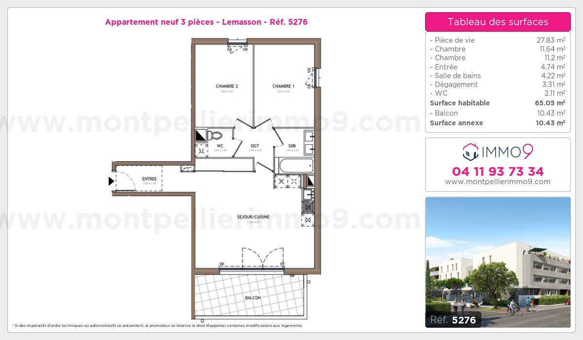 Plan et surfaces, Programme neuf Montpellier : Lemasson Référence n° 5276