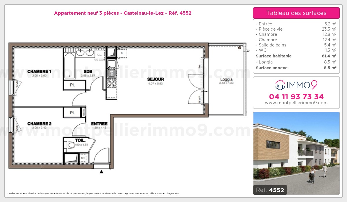 Plan et surfaces, Programme neuf Castelnau-le-Lez Référence n° 4552