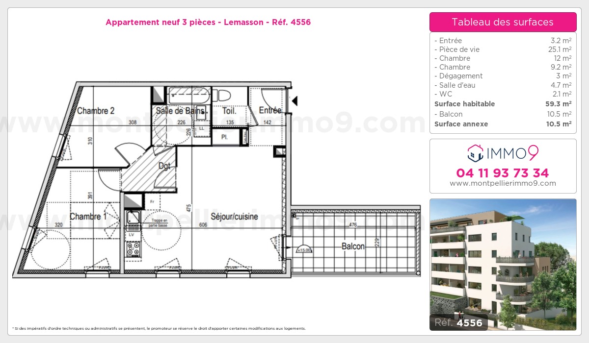 Plan et surfaces, Programme neuf Montpellier : Lemasson Référence n° 4556