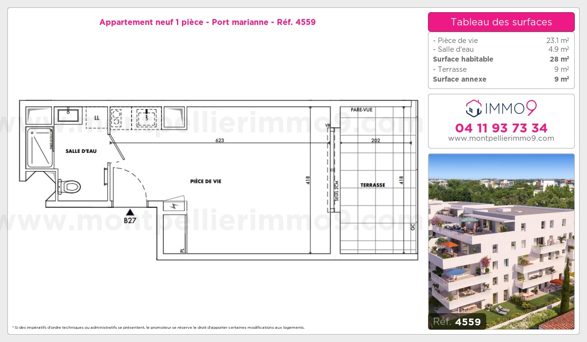 Plan et surfaces, Programme neuf Montpellier : Port marianne Référence n° 4559