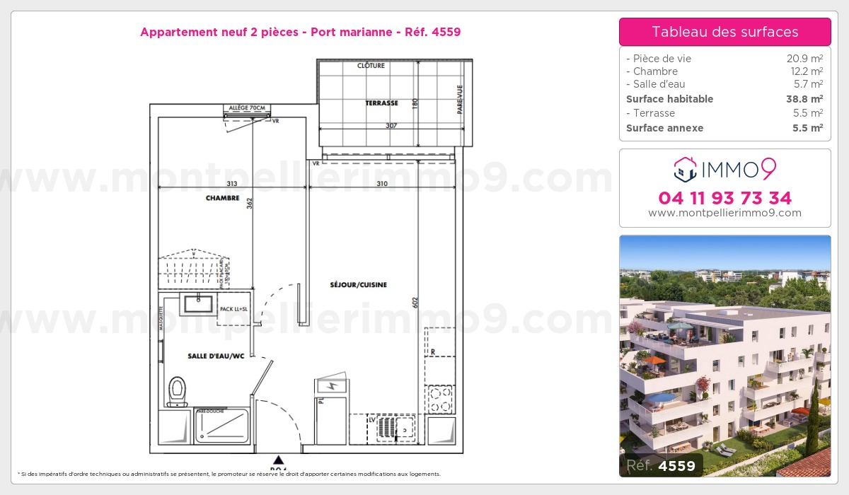 Plan et surfaces, Programme neuf Montpellier : Port marianne Référence n° 4559