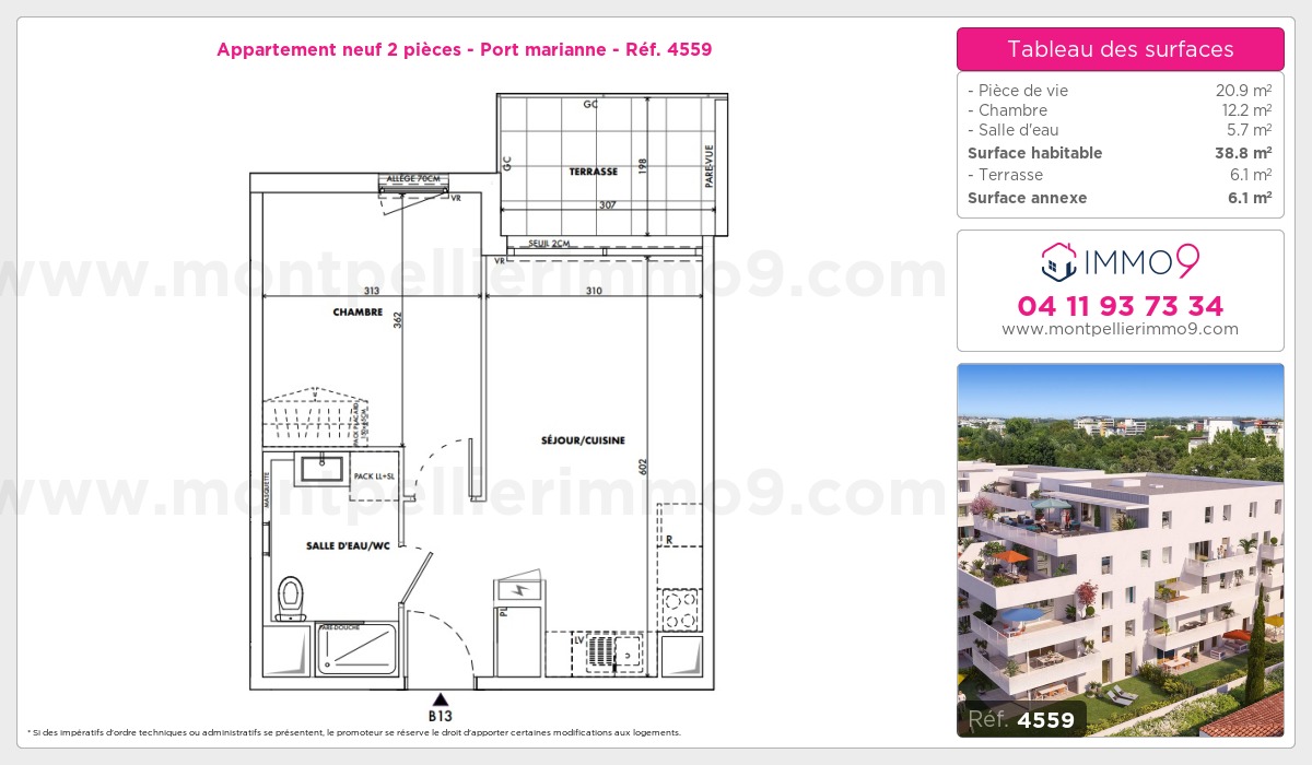 Plan et surfaces, Programme neuf Montpellier : Port marianne Référence n° 4559