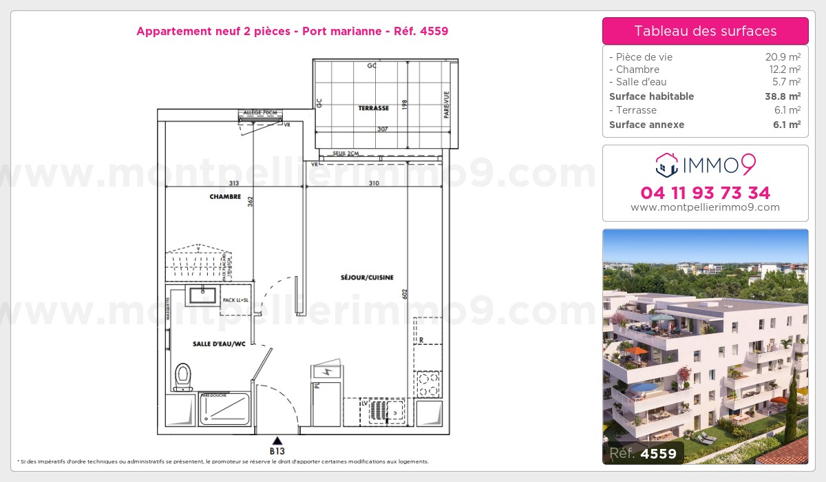 Plan et surfaces, Programme neuf Montpellier : Port marianne Référence n° 4559