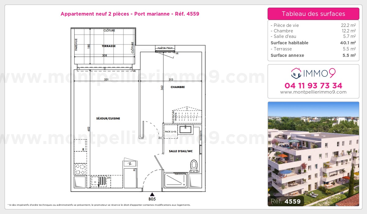Plan et surfaces, Programme neuf Montpellier : Port marianne Référence n° 4559
