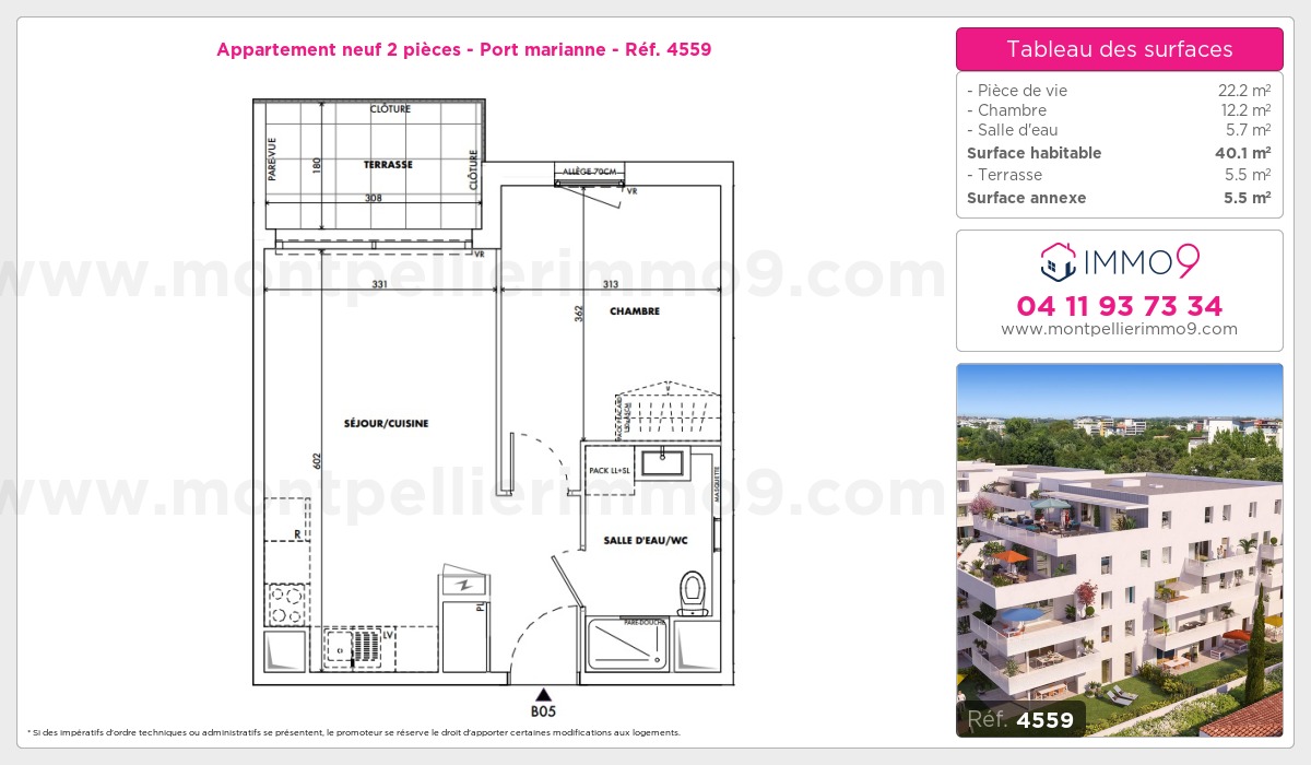 Plan et surfaces, Programme neuf Montpellier : Port marianne Référence n° 4559
