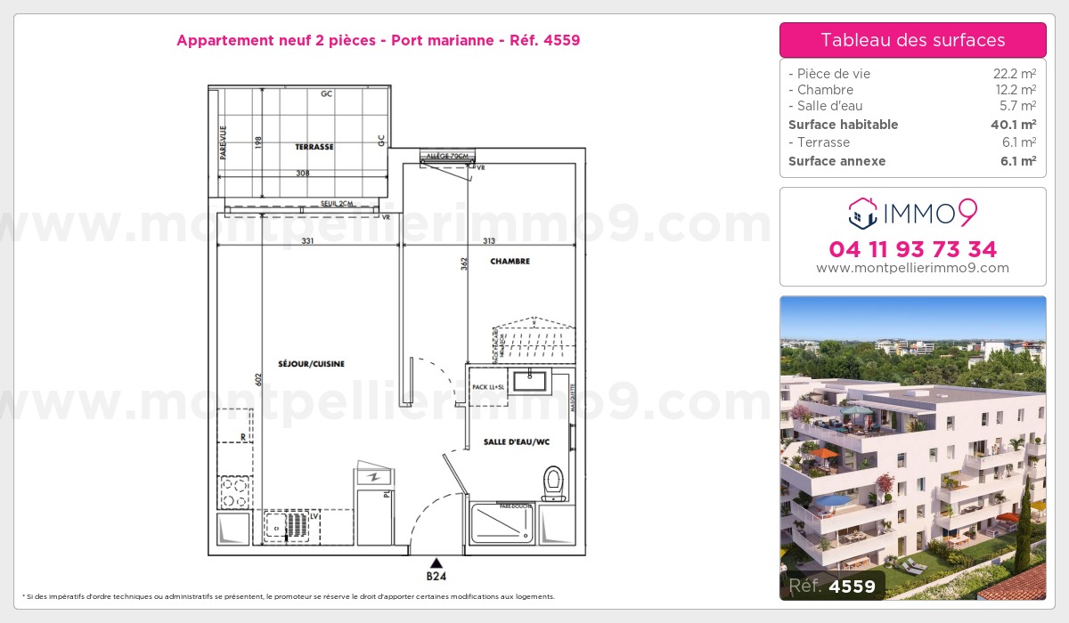 Plan et surfaces, Programme neuf Montpellier : Port marianne Référence n° 4559