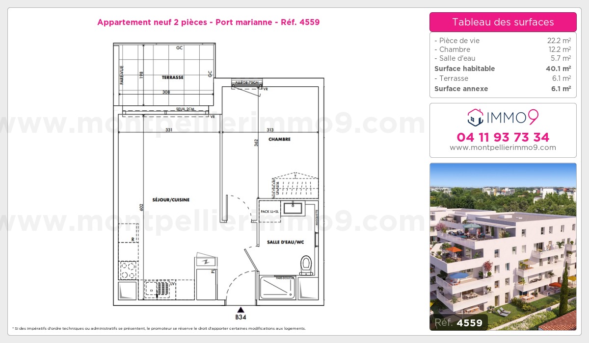 Plan et surfaces, Programme neuf Montpellier : Port marianne Référence n° 4559