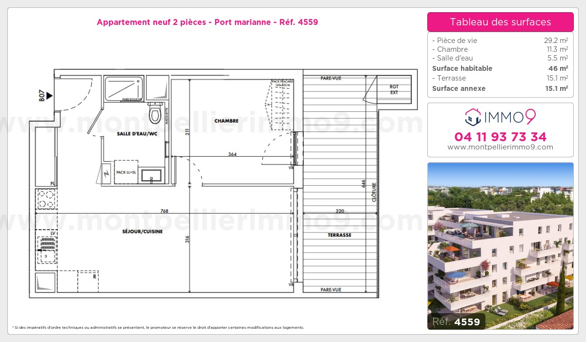 Plan et surfaces, Programme neuf Montpellier : Port marianne Référence n° 4559