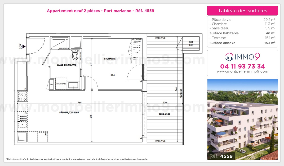Plan et surfaces, Programme neuf Montpellier : Port marianne Référence n° 4559