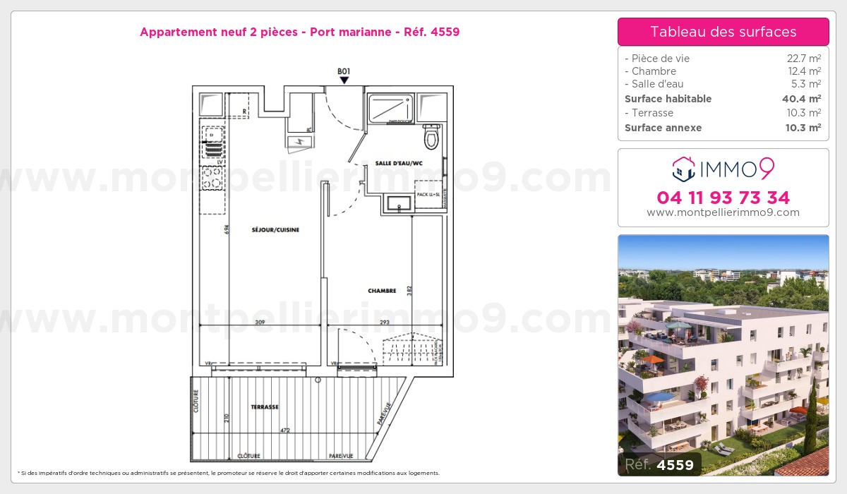 Plan et surfaces, Programme neuf Montpellier : Port marianne Référence n° 4559