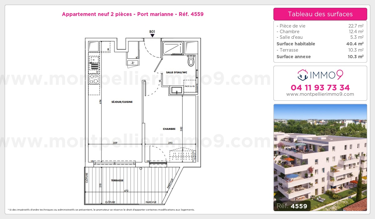 Plan et surfaces, Programme neuf Montpellier : Port marianne Référence n° 4559