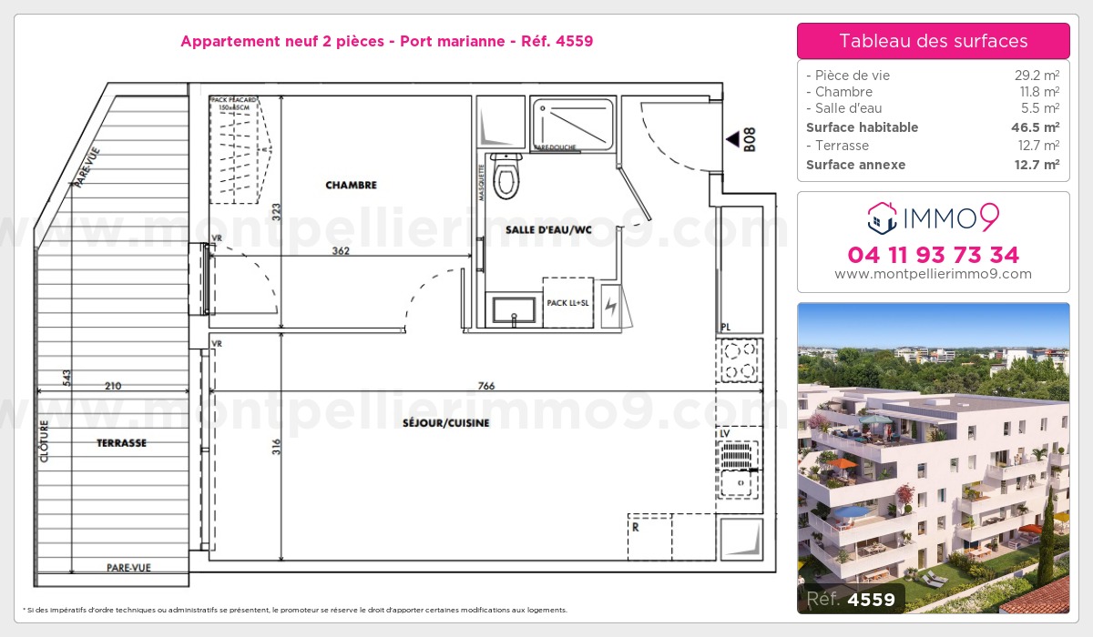 Plan et surfaces, Programme neuf Montpellier : Port marianne Référence n° 4559