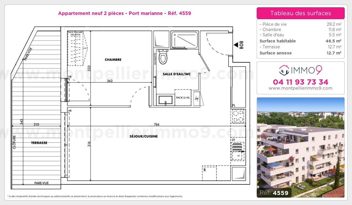 Plan et surfaces, Programme neuf Montpellier : Port marianne Référence n° 4559