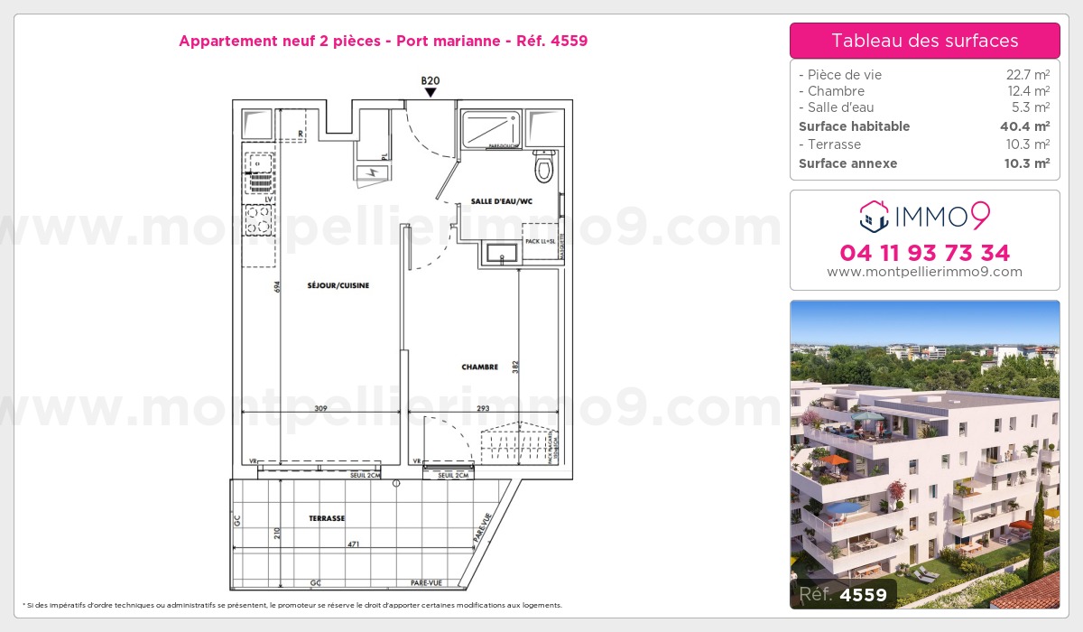 Plan et surfaces, Programme neuf Montpellier : Port marianne Référence n° 4559
