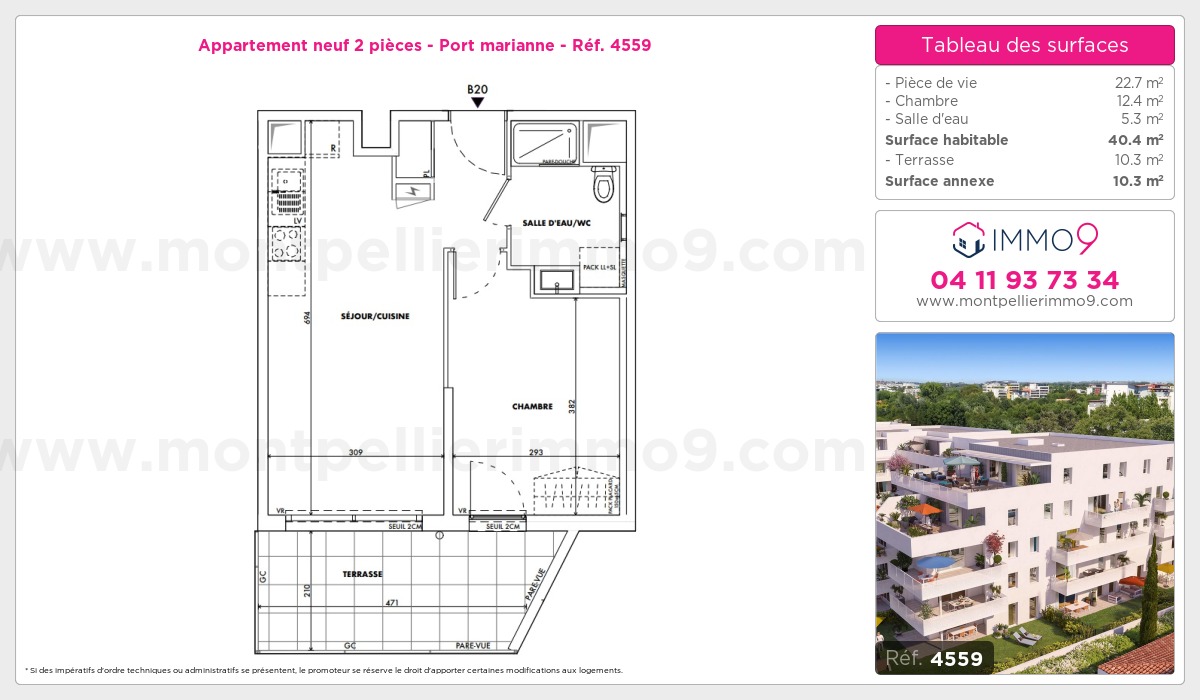 Plan et surfaces, Programme neuf Montpellier : Port marianne Référence n° 4559