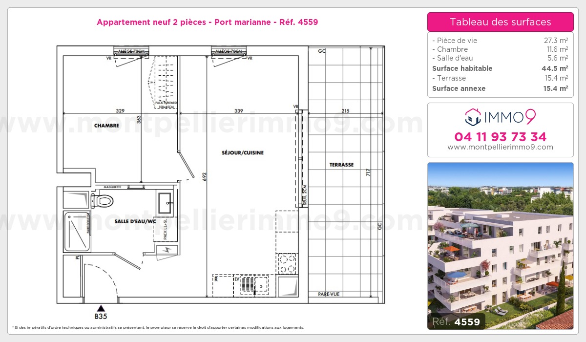 Plan et surfaces, Programme neuf Montpellier : Port marianne Référence n° 4559