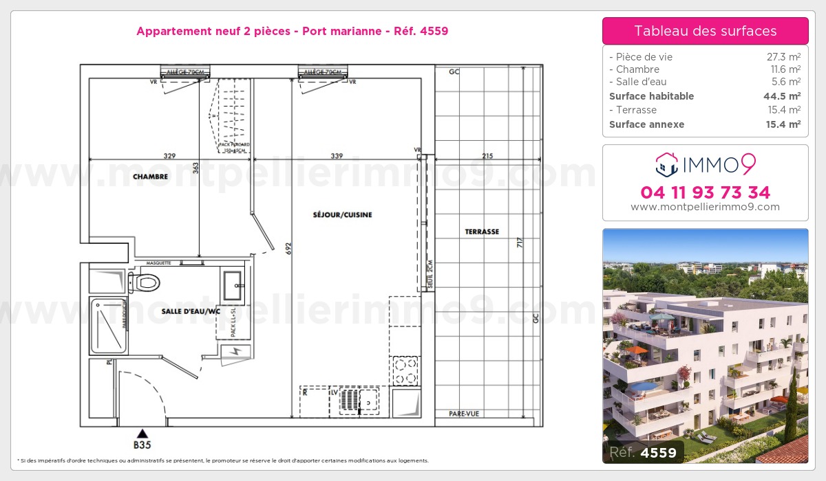 Plan et surfaces, Programme neuf Montpellier : Port marianne Référence n° 4559