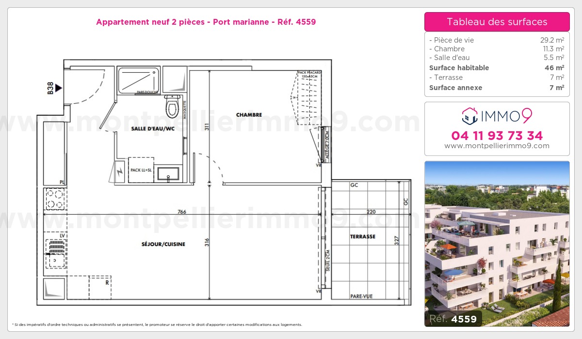 Plan et surfaces, Programme neuf Montpellier : Port marianne Référence n° 4559