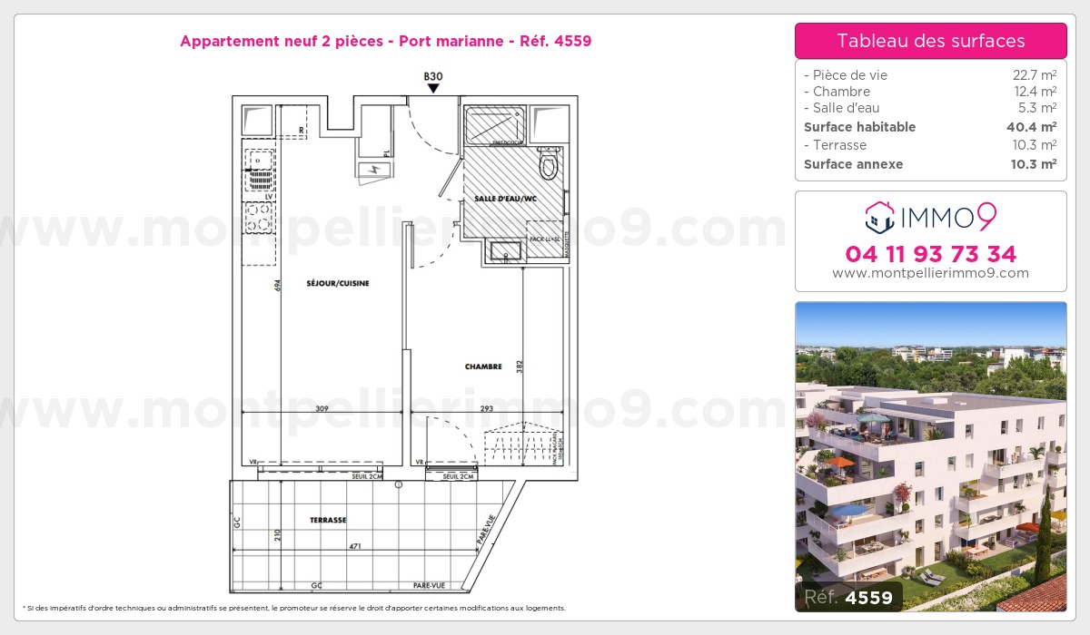 Plan et surfaces, Programme neuf Montpellier : Port marianne Référence n° 4559