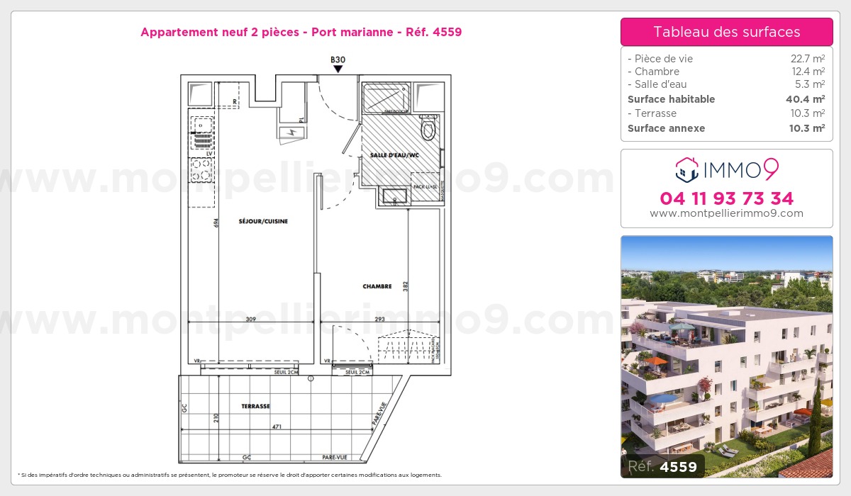 Plan et surfaces, Programme neuf Montpellier : Port marianne Référence n° 4559
