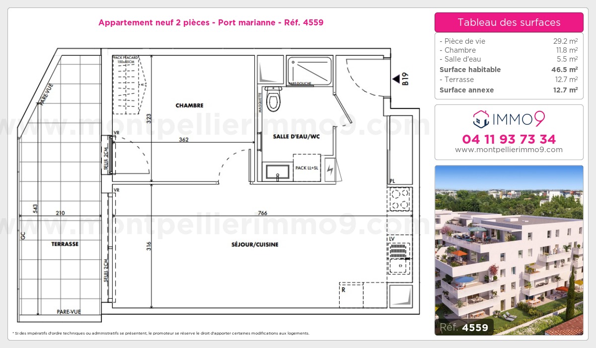 Plan et surfaces, Programme neuf Montpellier : Port marianne Référence n° 4559
