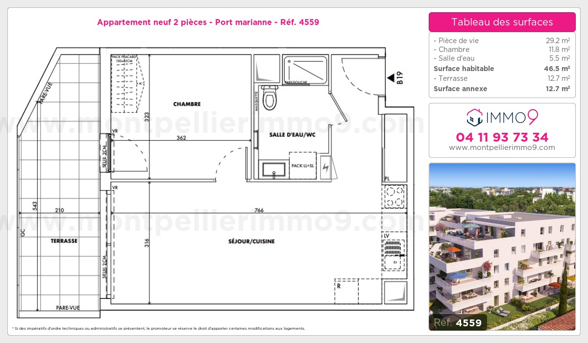 Plan et surfaces, Programme neuf Montpellier : Port marianne Référence n° 4559