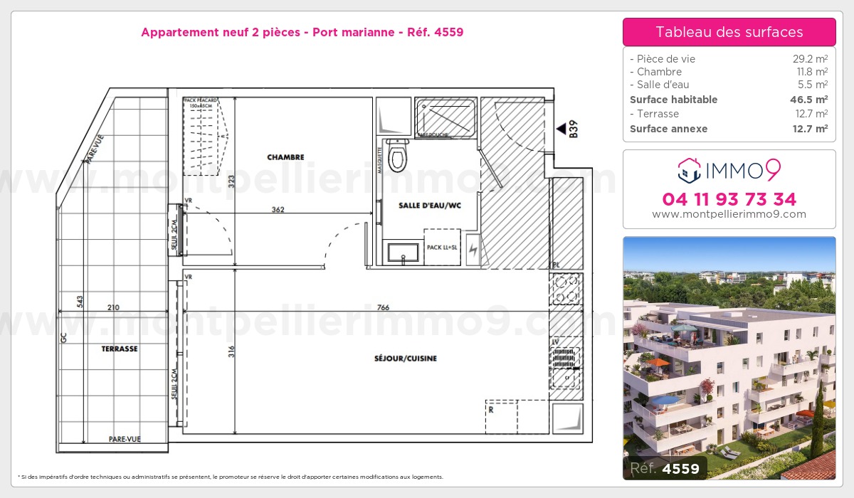 Plan et surfaces, Programme neuf Montpellier : Port marianne Référence n° 4559