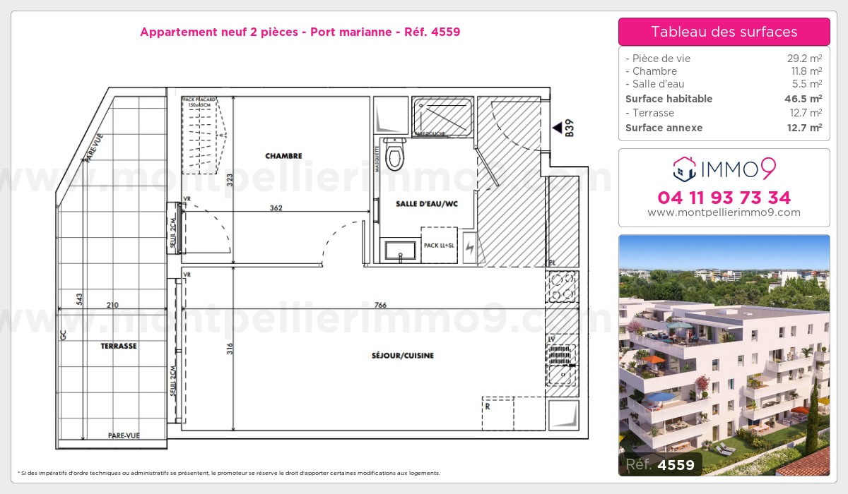 Plan et surfaces, Programme neuf Montpellier : Port marianne Référence n° 4559