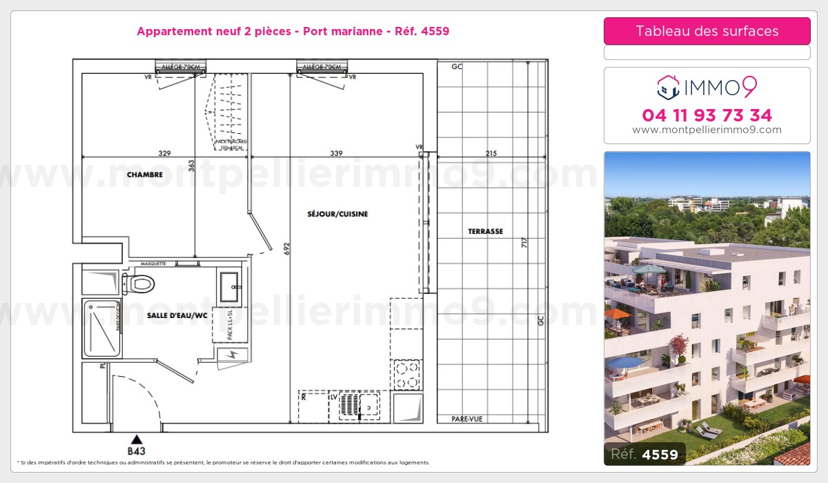 Plan et surfaces, Programme neuf Montpellier : Port marianne Référence n° 4559