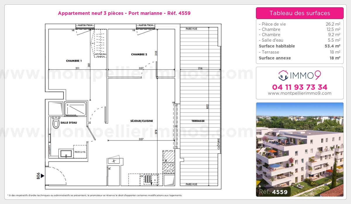 Plan et surfaces, Programme neuf Montpellier : Port marianne Référence n° 4559