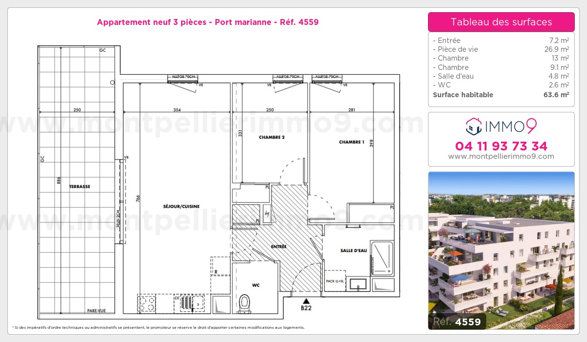 Plan et surfaces, Programme neuf Montpellier : Port marianne Référence n° 4559