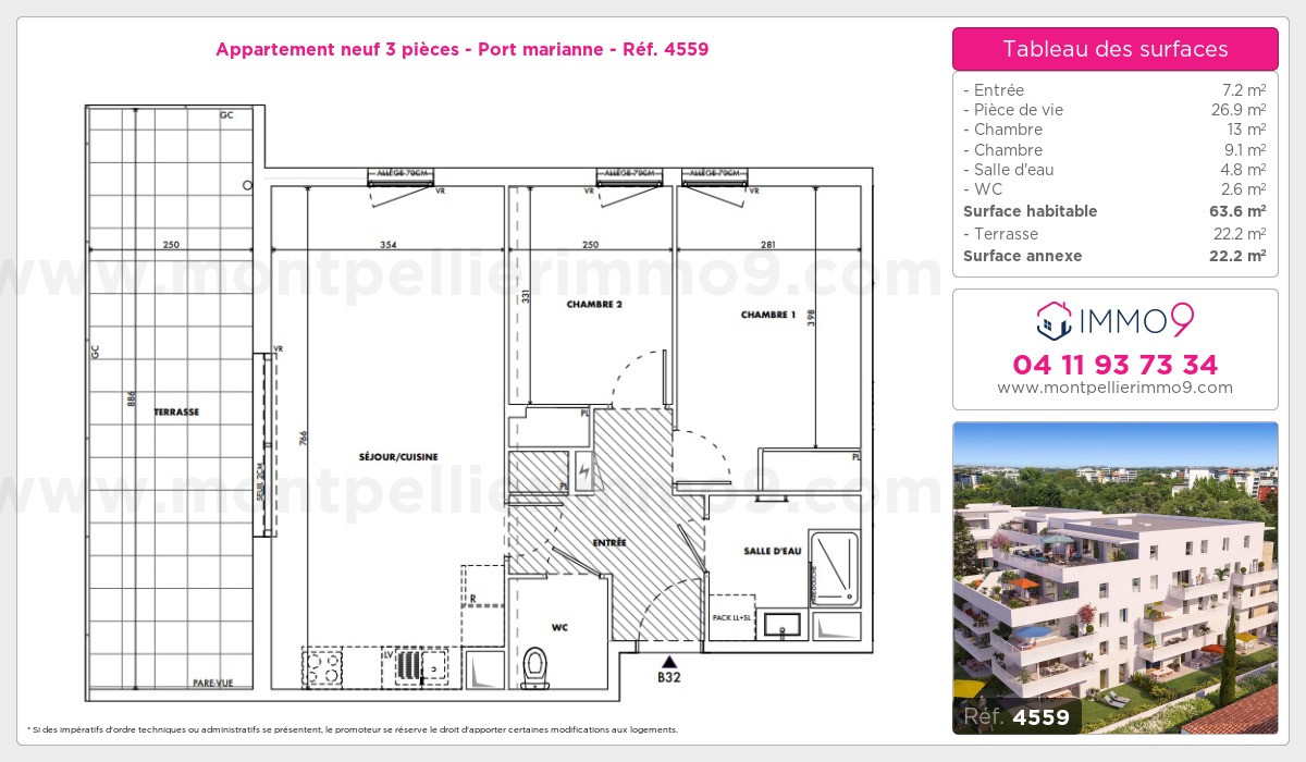 Plan et surfaces, Programme neuf Montpellier : Port marianne Référence n° 4559