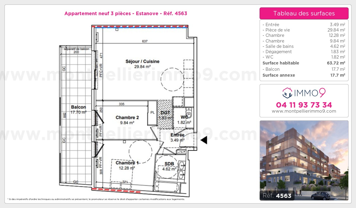 Plan et surfaces, Programme neuf Montpellier : Estanove Référence n° 4563