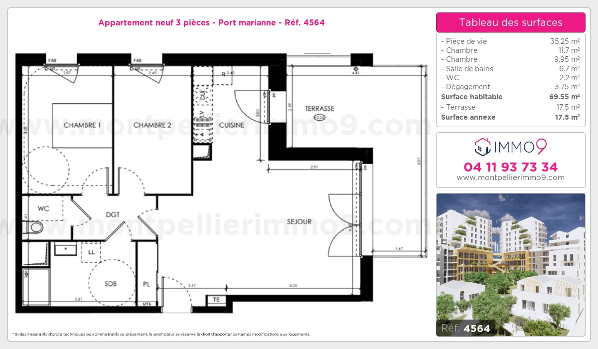 Plan et surfaces, Programme neuf Montpellier : Port marianne Référence n° 4564