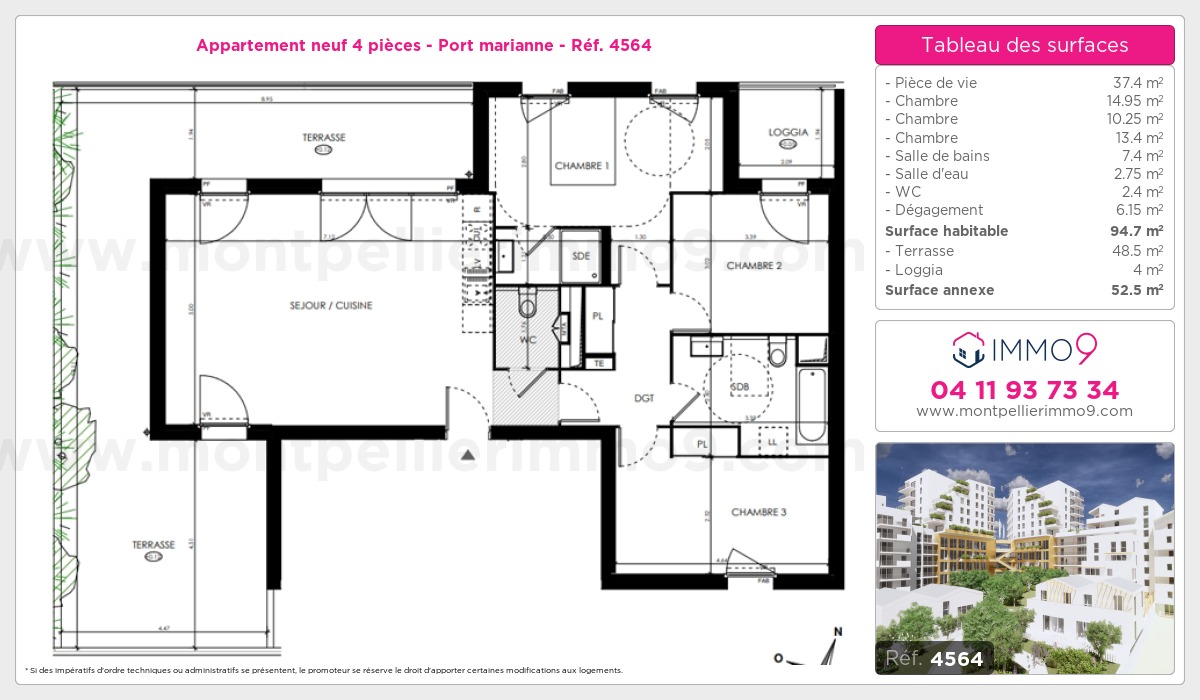 Plan et surfaces, Programme neuf Montpellier : Port marianne Référence n° 4564