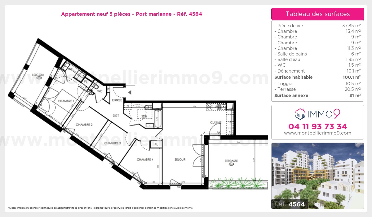 Plan et surfaces, Programme neuf Montpellier : Port marianne Référence n° 4564