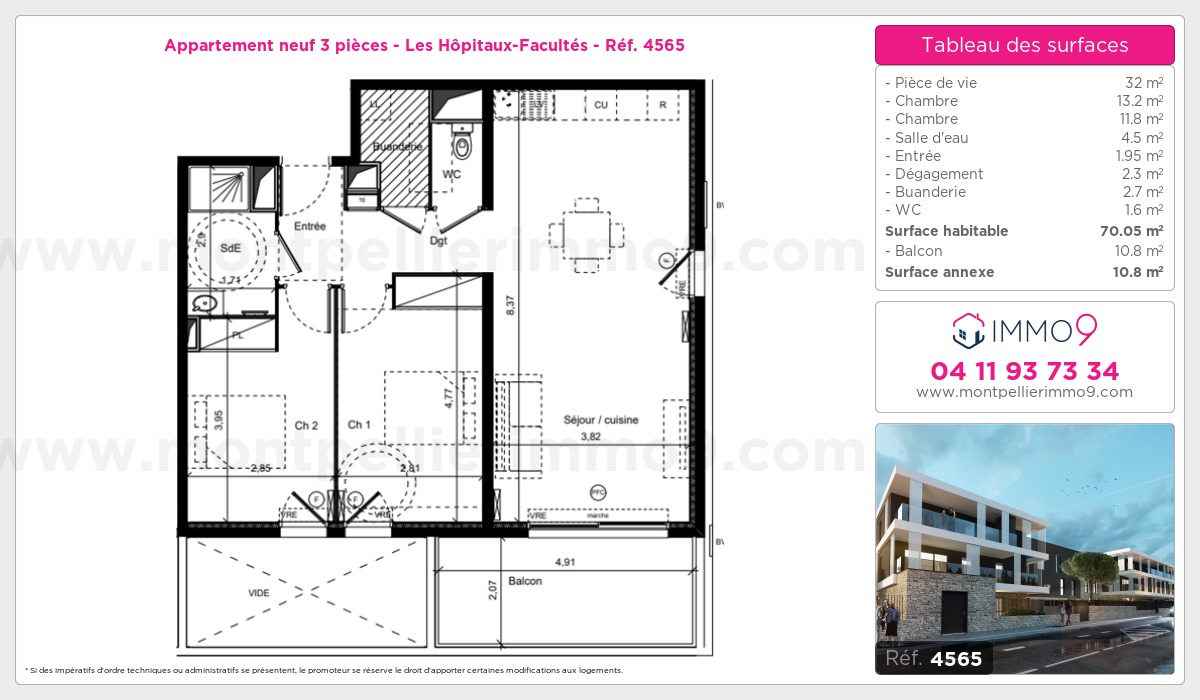 Plan et surfaces, Programme neuf Montpellier : Hôpitaux-Facultés Référence n° 4565