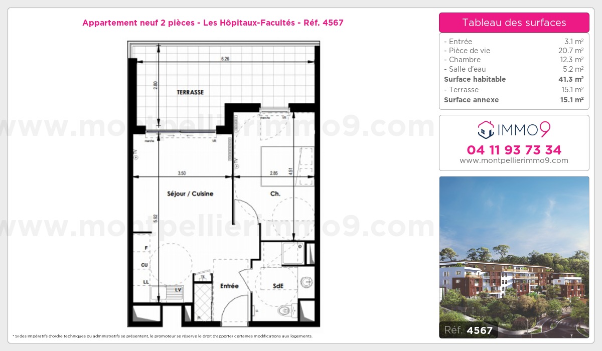 Plan et surfaces, Programme neuf Montpellier : Hôpitaux-Facultés Référence n° 4567