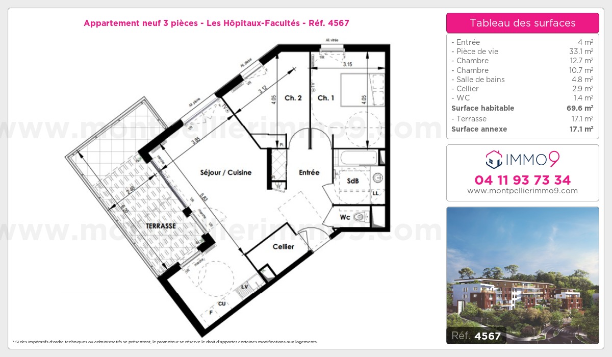 Plan et surfaces, Programme neuf Montpellier : Hôpitaux-Facultés Référence n° 4567
