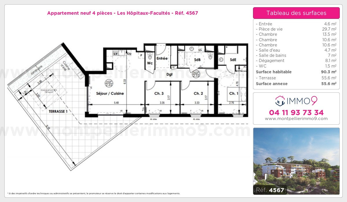 Plan et surfaces, Programme neuf Montpellier : Hôpitaux-Facultés Référence n° 4567