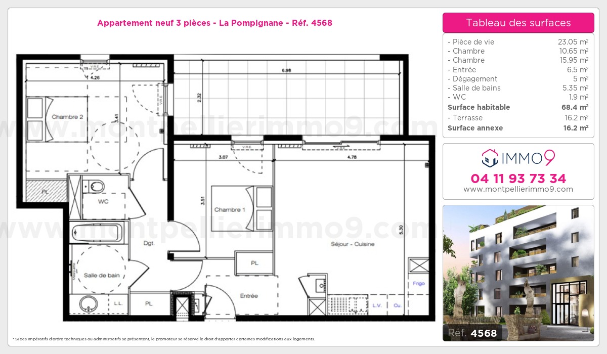Plan et surfaces, Programme neuf Montpellier : Pompignane Référence n° 4568