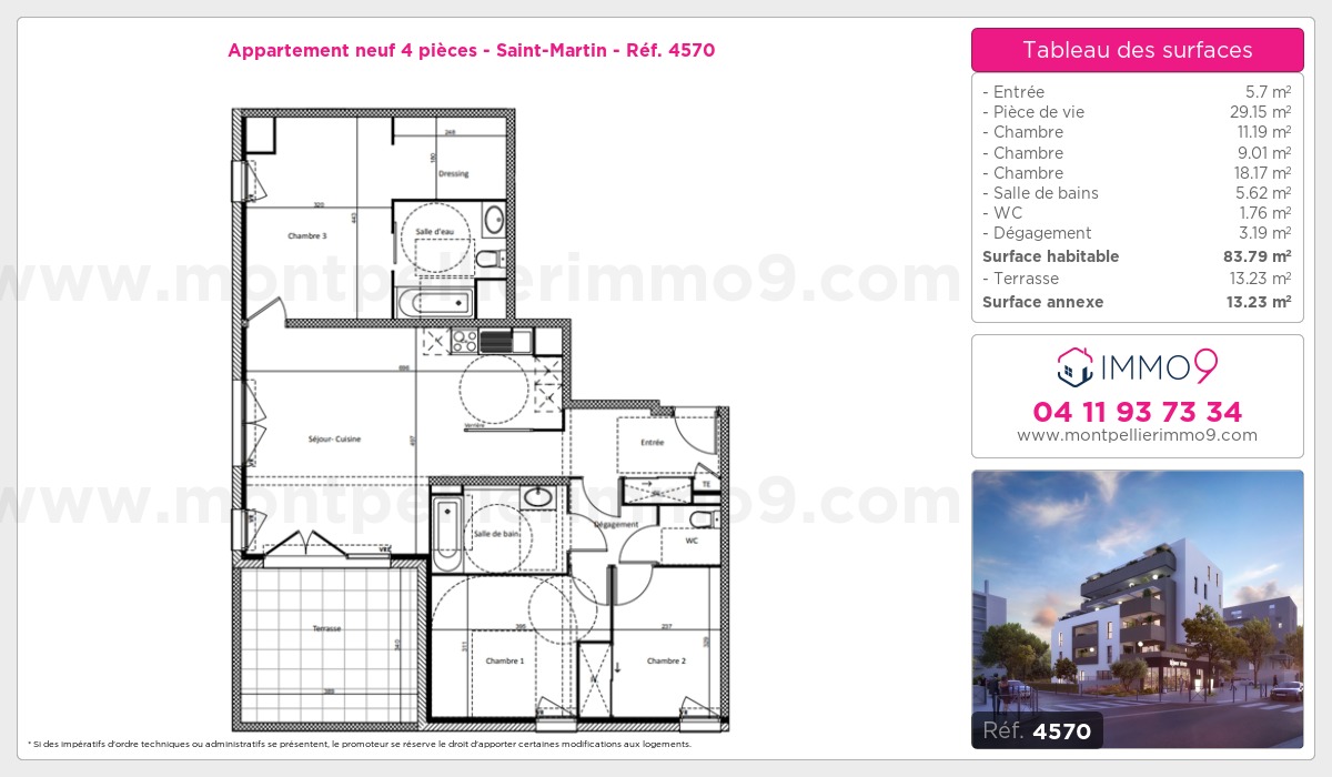 Plan et surfaces, Programme neuf Montpellier : Saint-Martin Référence n° 4570