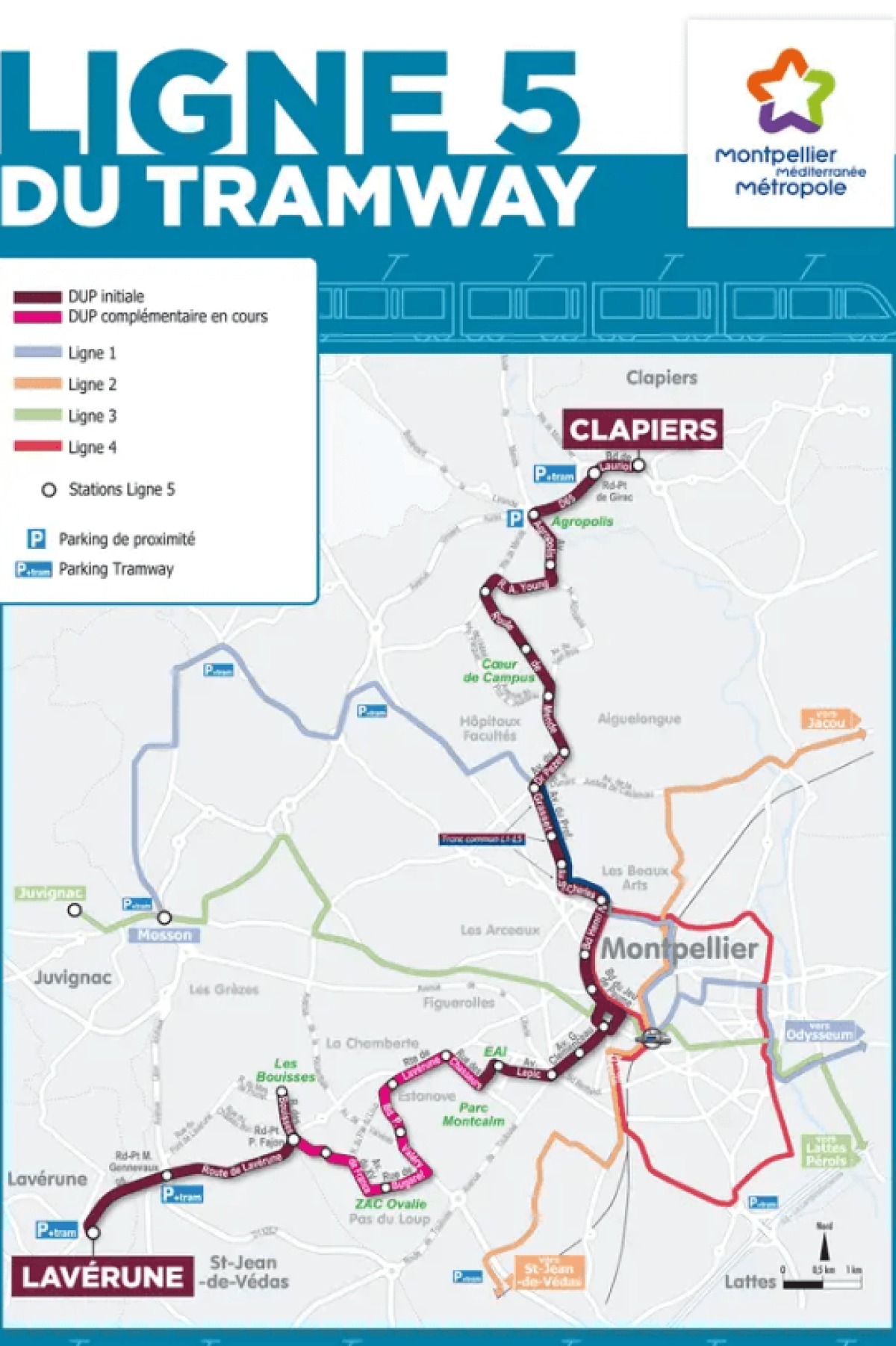 Le tracé de la ligne 5 du tramway à Montpellier