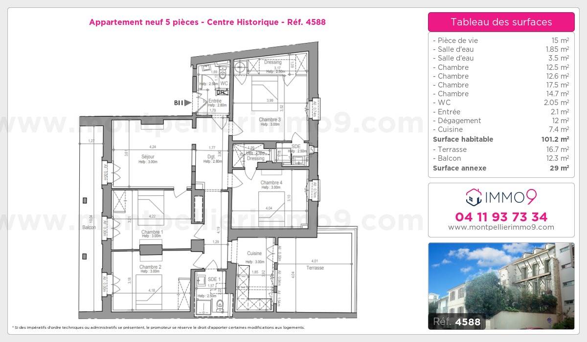 Plan et surfaces, Programme neuf Montpellier : Centre Historique Référence n° 4588